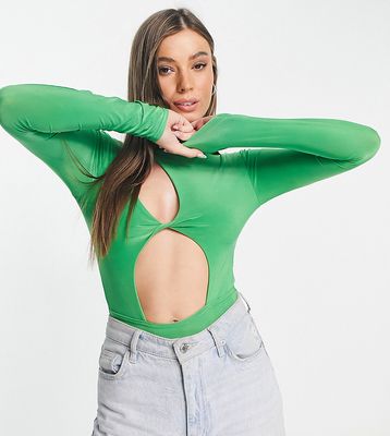 In The Style x Liberty exclusive slash neck cut out waist bodysuit in green