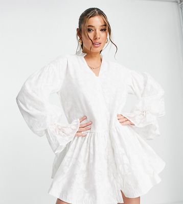 In The Style x Lorna Luxe burnout volume sleeve ruffle hem shirt dress in white