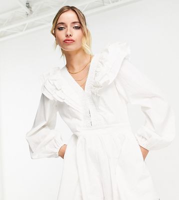 In The Style x Lorna Luxe exaggerated frill detail volume sleeve romper in white