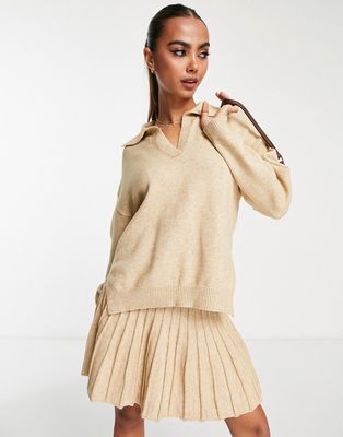 In The Style x Lorna Luxe knitted pleated collar detail sweater in stone - part of a set-Neutral