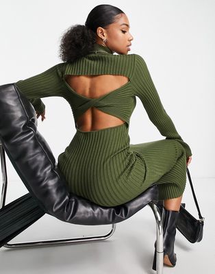 In The Style x Perrie Sian knitted open back midi dress in khaki green