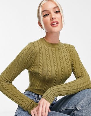 In The Style x Perrie Sian long sleeve cable knitted bodysuit in khaki-Green