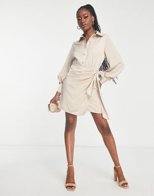 In The Style x Terrie Mcevoy button through wrap detail shirt dress in stone-Neutral