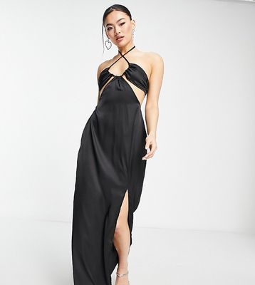 In The Style x Yasmin Devonport Exclusive satin cut-out ruched bust detail maxi dress in black