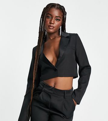 In The Style x Yasmin Devonport Exclusive satin lapel trim cropped blazer in black - part of a set
