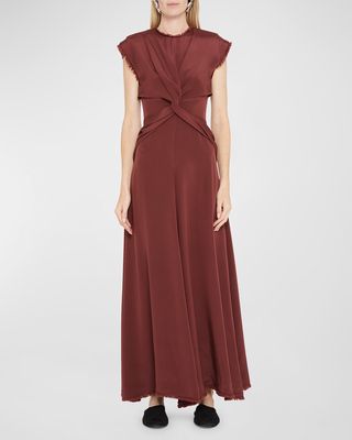 Indira Twist-Front Silk Frayed Maxi Dress