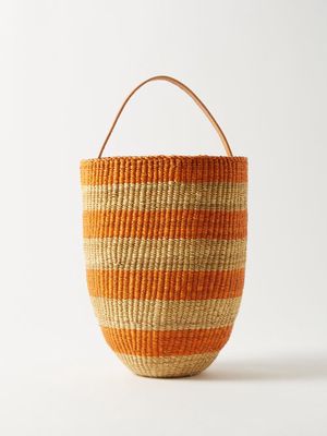 Inès Bressand - Striped Leather-trimmed Elephant-grass Bucket Bag - Womens - Orange Multi