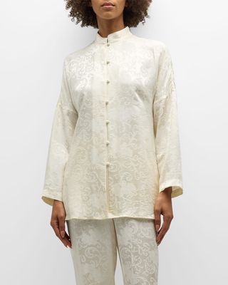 Ines Mandarin-Collar Floral Jacquard Pajama Set
