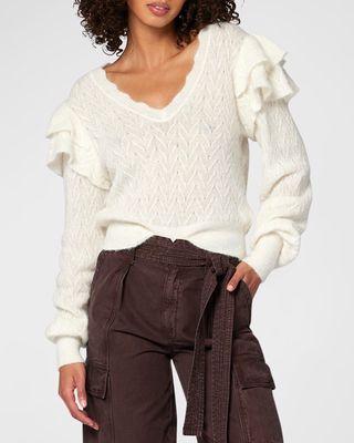 Inez Chevron-Knit Ruffle-Trim Sweater