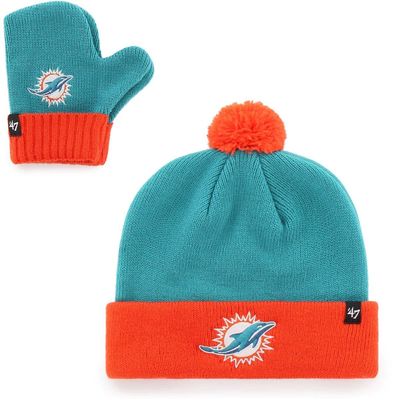 Infant '47 Aqua/Orange Miami Dolphins Bam Bam Cuffed Knit Hat With Pom and Mittens Set