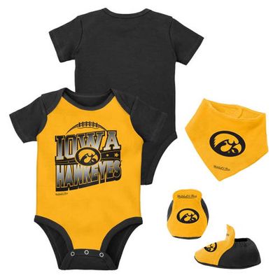 Infant Mitchell & Ness Black/Gold Iowa Hawkeyes 3-Pack Bodysuit