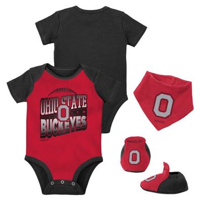Infant Mitchell & Ness Black/Scarlet Ohio State Buckeyes 3-Pack Bodysuit