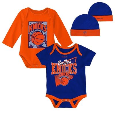 Infant Mitchell & Ness Blue/Orange New York Knicks Hardwood Classics Bodysuits & Cuffed Knit Hat Set