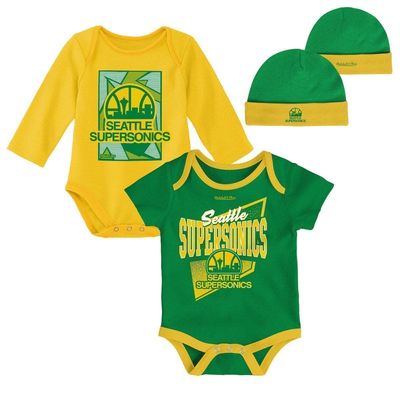 Infant Mitchell & Ness Green/Gold Seattle SuperSonics Hardwood Classics Bodysuits & Cuffed Knit Hat Set
