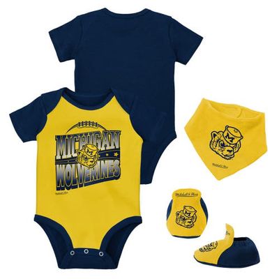 Infant Mitchell & Ness Navy/Maize Michigan Wolverines 3-Pack Bodysuit