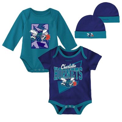 Infant Mitchell & Ness Purple/Teal Charlotte Hornets Hardwood Classics Bodysuits & Cuffed Knit Hat Set