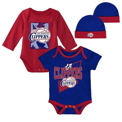 Infant Mitchell & Ness Royal/Red LA Clippers Hardwood Classics Bodysuits & Cuffed Knit Hat Set