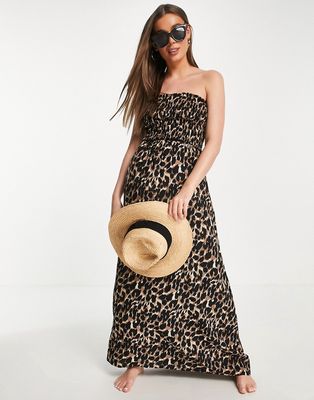 Influence bandeau beach maxi dress in leopard print-Brown