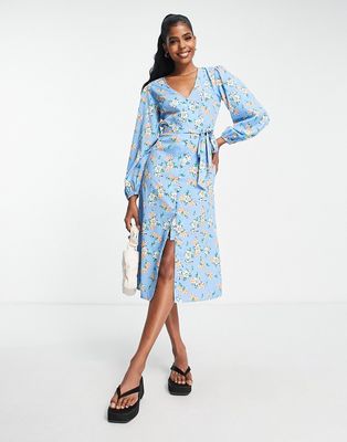 Influence button front tie waist midi dress in blue floral print-Multi