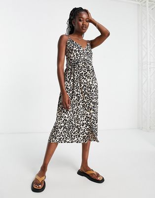 Influence cotton poplin cami midi dress in leopard print-Multi