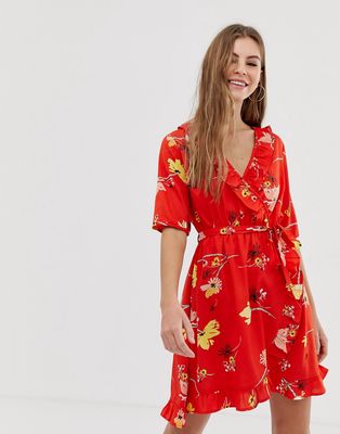 Influence floral wrap dress with tie sleeve and ruffle in red