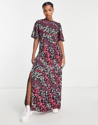Influence flutter sleeve maxi tea dress in mixed floral print-Black