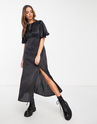 Influence flutter sleeve midi dress with lace trim in black