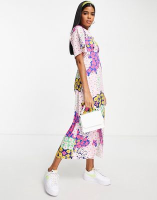 Influence flutter sleeve midi tea dress in mixed floral print-Multi