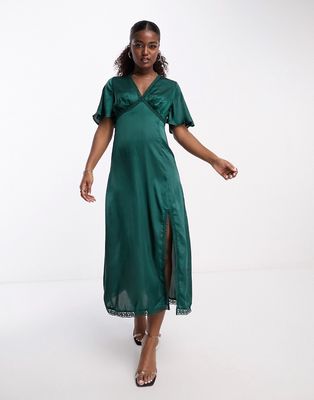Influence flutter sleeve v neck midi dress with lace trim in forest green
