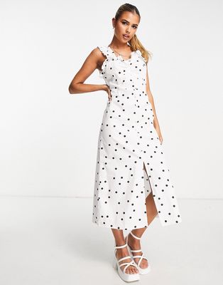 Influence frill shoulder midi dress in polka dot-Multi