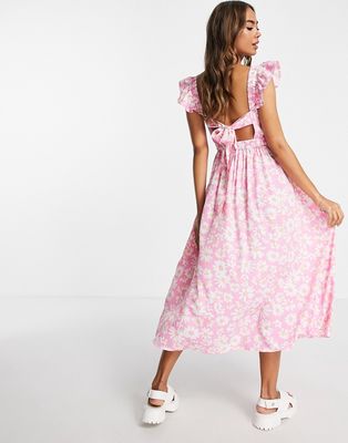 Influence frill strap midi dress in pink daisy print