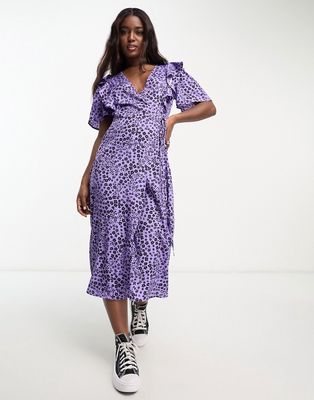 Influence frill wrap midi dress in purple floral print