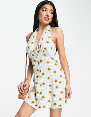 Influence halterneck swing mini dress in sunflower print-Multi