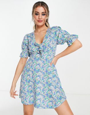 Influence mini tea dress in blue floral print-Multi