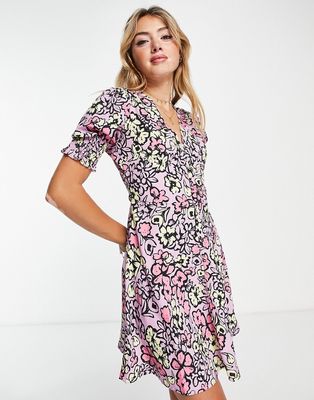 Influence mini tea dress in bold floral print-Multi