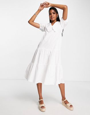 Influence peter pan collar tiered midi dress in white