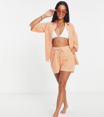 Influence Petite beach shirt and shorts in orange check - part of a set