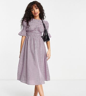 Influence Petite cotton poplin ruched front midi dress in lilac stripe-Purple