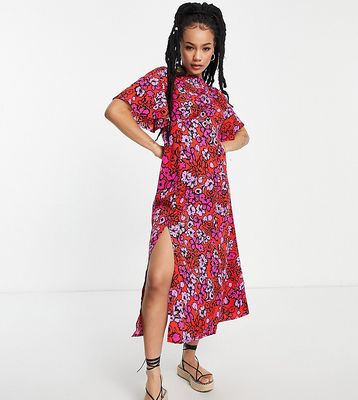 Influence Petite flutter sleeve midi tea dress in mixed floral print-Red
