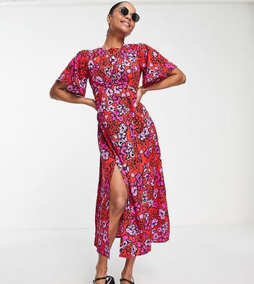 Influence Petite flutter sleeve midi tea dress in red and pink floral-Multi