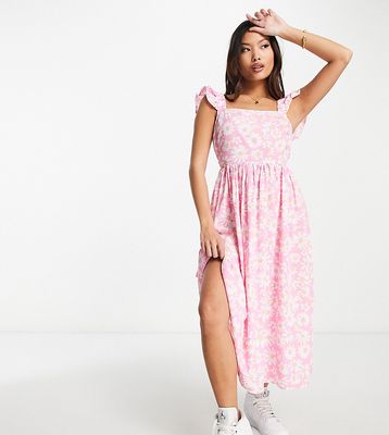 Influence Petite frill strap midi dress in pink daisy print