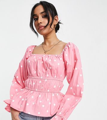 Influence Petite square neck cotton blouse in pink polka dot