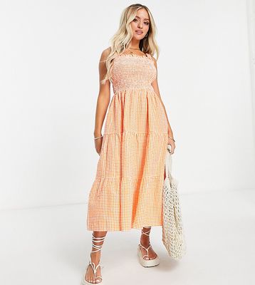 Influence Petite tie strap midi dress in orange gingham