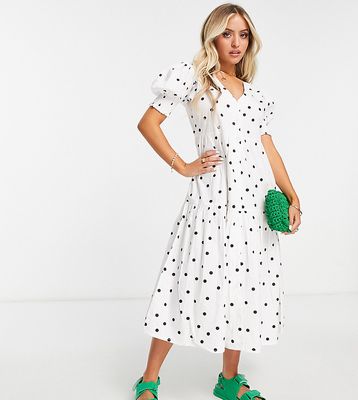 Influence Petite tiered poplin midi dress in white polka dot