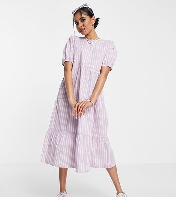 Influence Petite tiered smock midi dress in lilac stripe-Purple