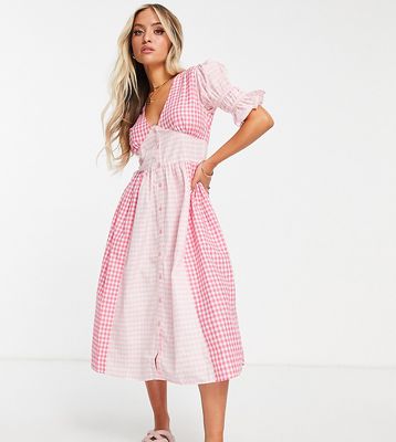 Influence Petite v neck midi dress in mixed gingham-Pink