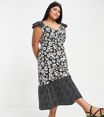 Influence Plus frill sleeve midi dress in mixed floral print-Black