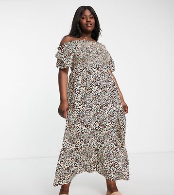 Influence Plus off-the-shoulder beach maxi dress in leopard print-Brown