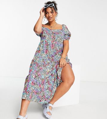Influence Plus square neck puff sleeve midi dress in bold floral print-Multi