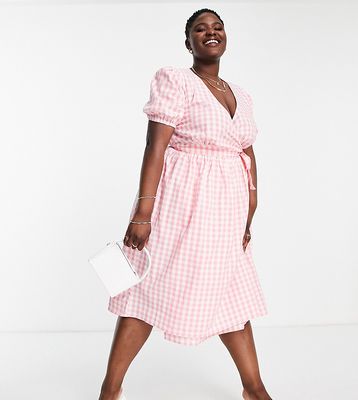 Influence Plus wrap front midi dress in pink gingham